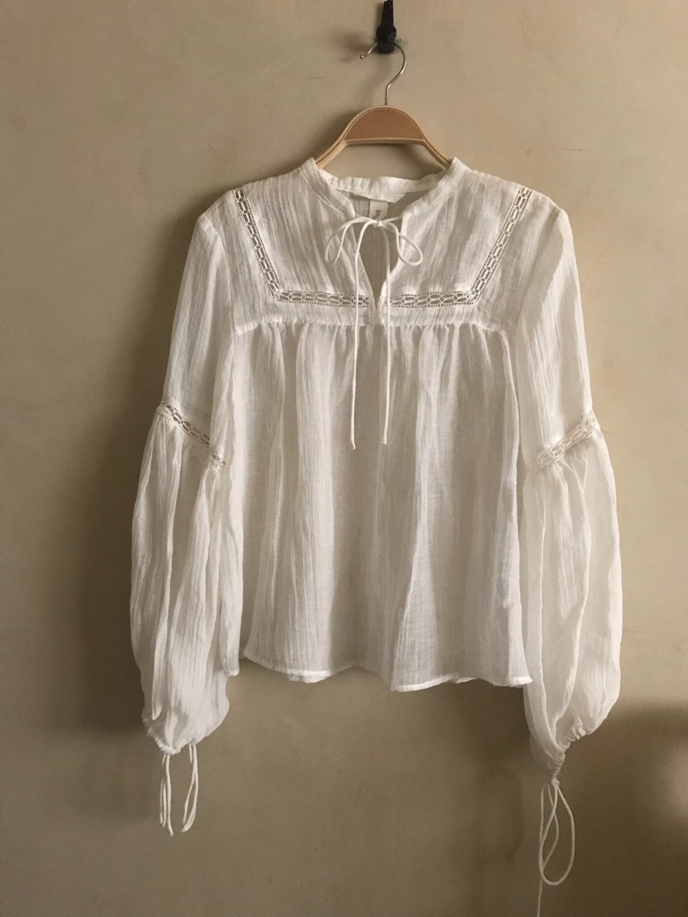 H&M White Linen Blend Tie-Neck Peasant Blouse
